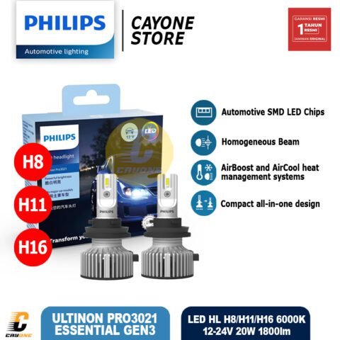 PHILIPS Bohlam Lampu Kabut Ultinon Essential Gen3 Pro3021 HL LED H8 H11 H16 12V 24V 20W 6000K 11800lm