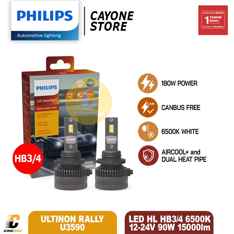 PHILIPS Bohlam Lampu Ultinon Rally 3590 HL LED HB3 HB4 12V 24V 90W 6500K 15000 lm